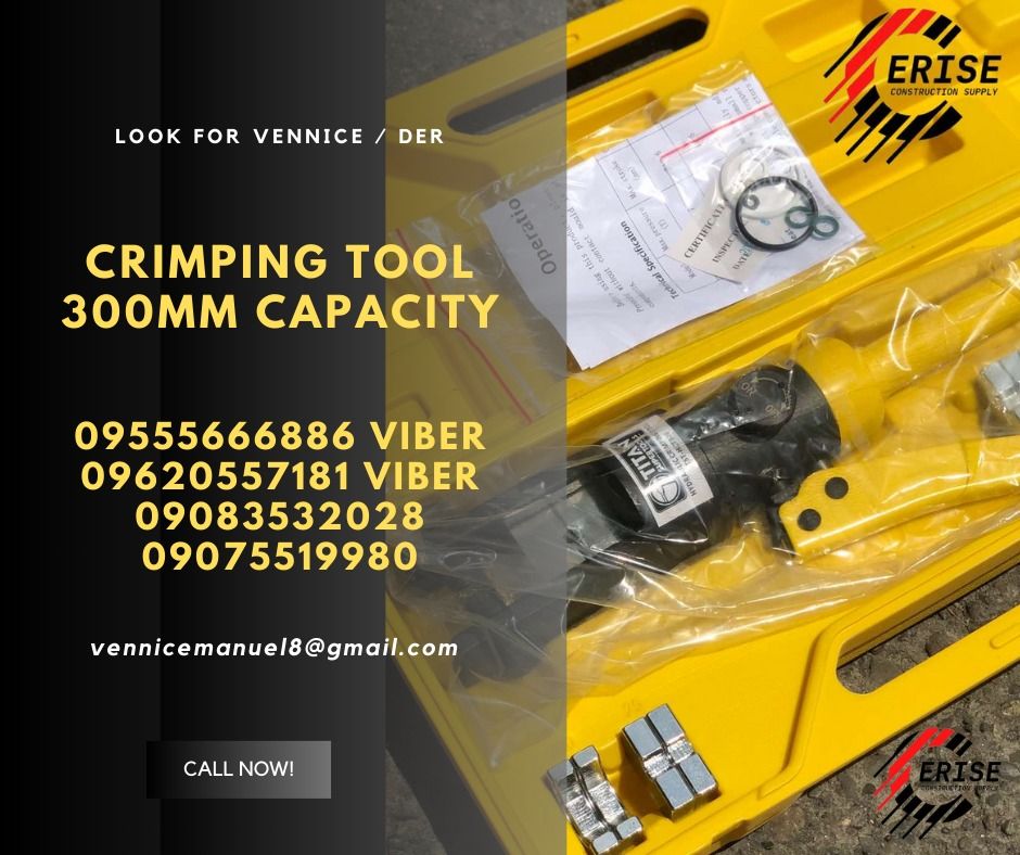 Hydraulic Crimping tool (Category: Construction Tools & Equipment) located in Manila. Submitted by vlmhardwarevennice (Listing ID 1303044095, Image 1). Description: 120mm - 3000 300mm - 4000 CERISE CONSTRUCTION SUPPLY Look for vennice Office located at 1147ALORENZO ST ABAD SANTOS TONDO MNL satellite office at imus cavite.