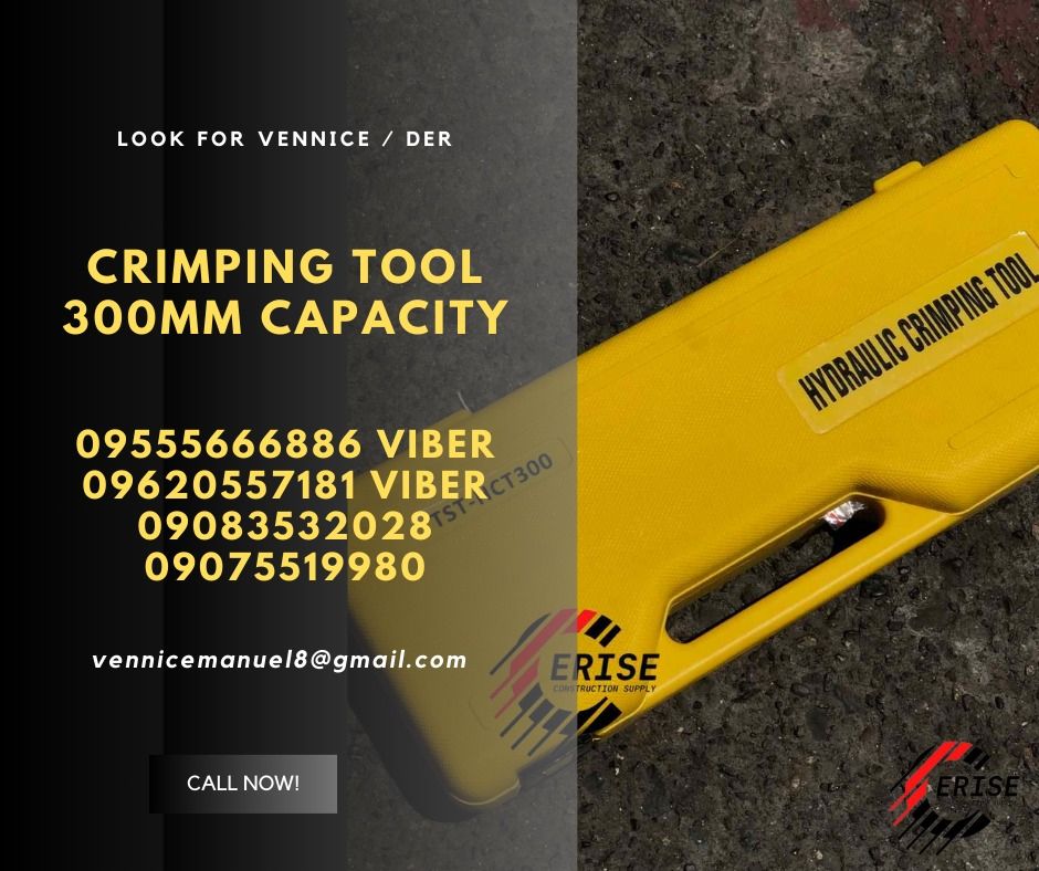 Hydraulic Crimping tool (Category: Construction Tools & Equipment) located in Manila. Submitted by vlmhardwarevennice (Listing ID 1303044095, Image 3). Description: 120mm - 3000 300mm - 4000 CERISE CONSTRUCTION SUPPLY Look for vennice Office located at 1147ALORENZO ST ABAD SANTOS TONDO MNL satellite office at imus cavite.