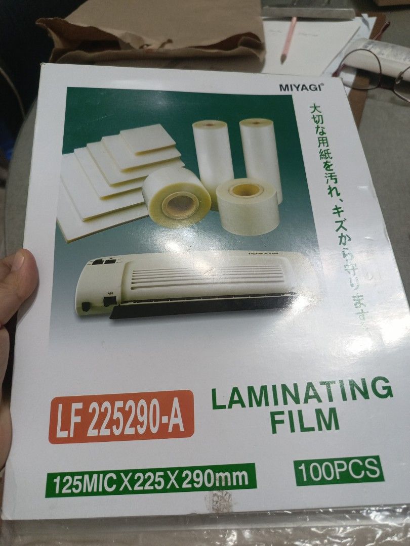 Laminating film (Category: Printers, Scanners & Copiers) located in Quezon City. Submitted by marshie.marshie (Listing ID 1303013879, Image 2). Description: laminating film 77 pieces left. 115 mic x 225 x290 mm.