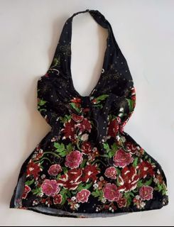 NAMI Sequin Beaded Embroidered Black Floral Sleeveless Halter Top | VinTheLine THEVELOUR VIN THE LINE  The Velour | Vintage Retro Y2K 90s Coquette Beach Dressy