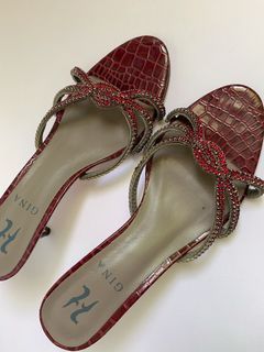 Pre-order‼️📣Preloved Gina Bordeaux Croc Embossed Leather Crystal Embellished Slide Sandals Size 40
