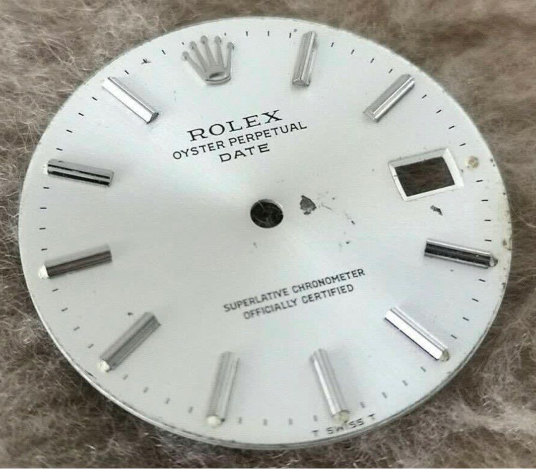 Rolex Oyster Perpetual Date 1500 — Dial and Back Case (Category: Luxury Watches) located in Makati City. Submitted by mike2829 (Listing ID 1302999025, Image 2). Description: For Sale Rolex Oyster Perpetual Date Ref 1500 Dial and Case back Satin Silver Dial. 34 mm size. Dial has wear. Please see pics Stainless steel case back. Unpolished SOLD AS IS FOR PARTS Original/ Authentic Parts Reason for selling : decluttering Location : Makati City Price n