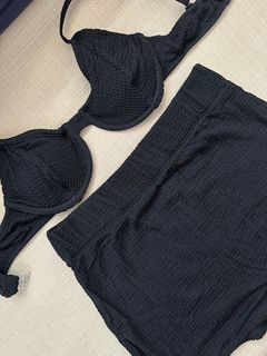Sew Local Wired Bra Bikini and High Waisted Shorts Swimwear (Black Textured)