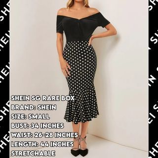 SHEIN Black Velvet Offshie Polka Dots Dainty Offshoulder  Mermaid Cut Skirt Fitted Elegant Retro Classy Vintage Korean Maxi Dress