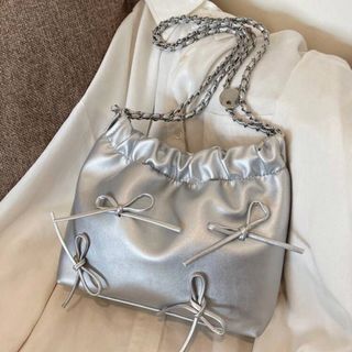 Shein Grey Metallic Bowknot Bow Ribbon Shoulder Strap Bucket Bag Modern Aesthetic Casual shoulder
