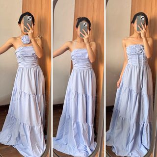 Shein WYWH Blue Women Beach Summer Romantic Stretchable Countryside Dress Maxi Beach Wedding with Flower Strap Light Blue Adjustable Casual Event Formal Wear Gala Debut Prom