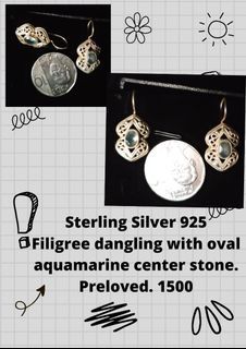 Sterling Silver 925 Earrings Filigree Drop Dangling aquamarine