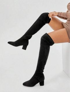 Suede Chunky Heeled Black Over the Knee Sock Boots