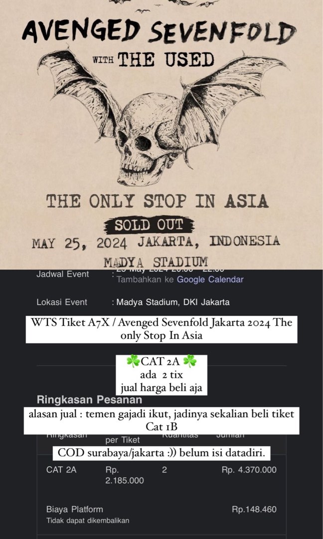 Ticket Avenged Sevenfold A7X CAT 2A Jakarta 2024 The Only Stop in Asia