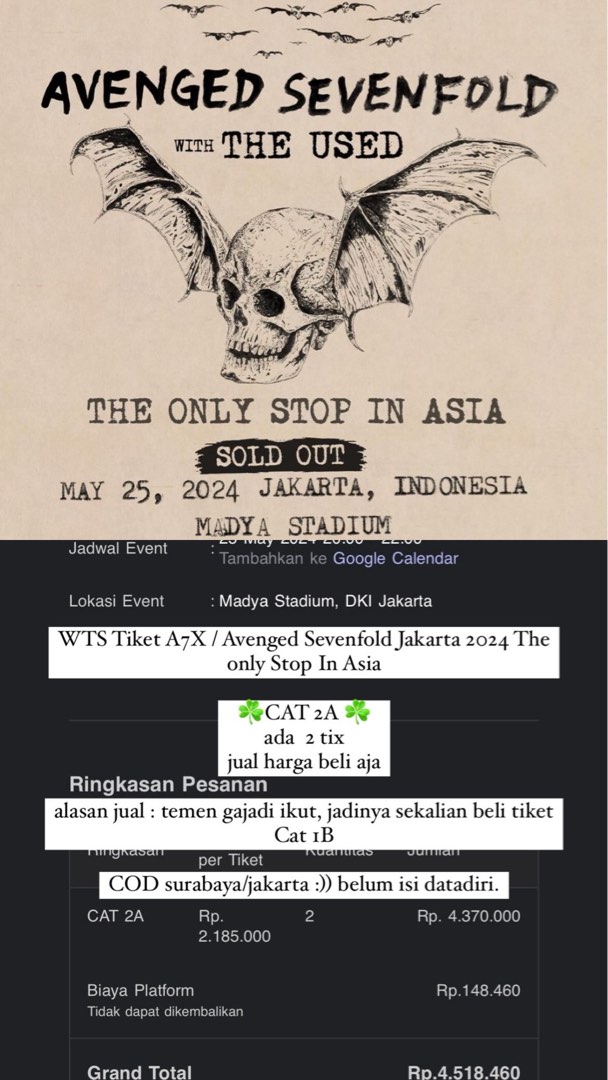 Tiket Avenged Sevenfold A7X CAT 2A Jakarta 2024 The Only Stop in Asia