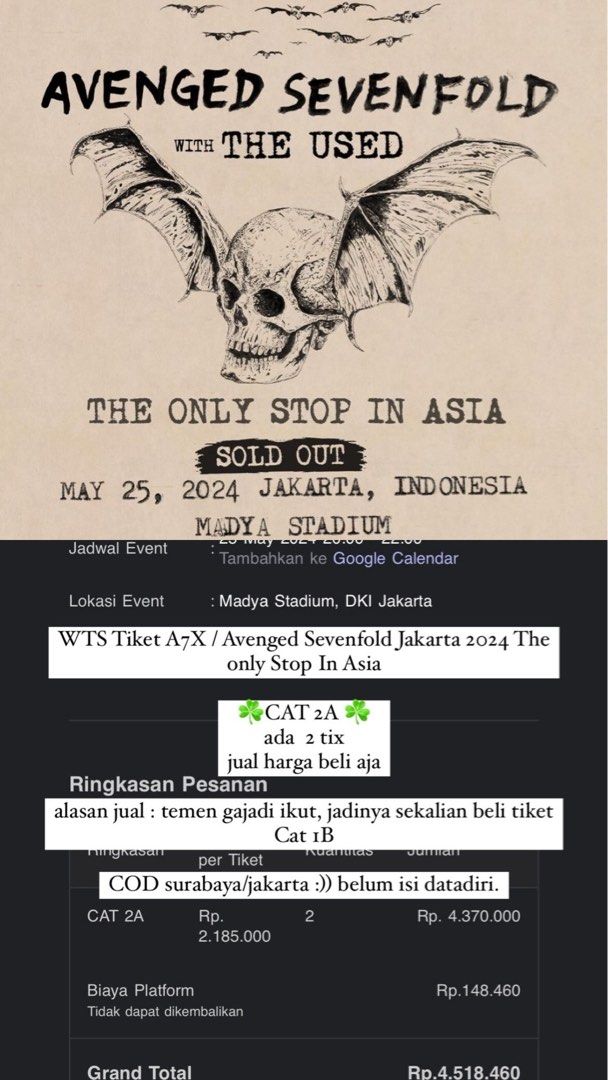Tiket Avenged Sevenfold A7X CAT 2A Jakarta 2024 The Only Stop in Asia
