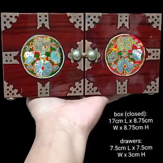 Vintage Asian Lacquered Wood Mother of Pearl Inlay and Brass Decorated Jewelry Organizer with 4 Drawers