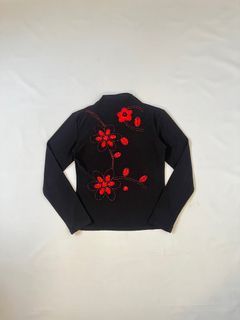 vintage tianfu shadows flower prints red rhinestones mock neck top