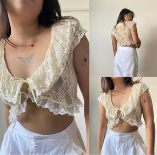 Vintage yellow lace pearl summer cute sexy top
