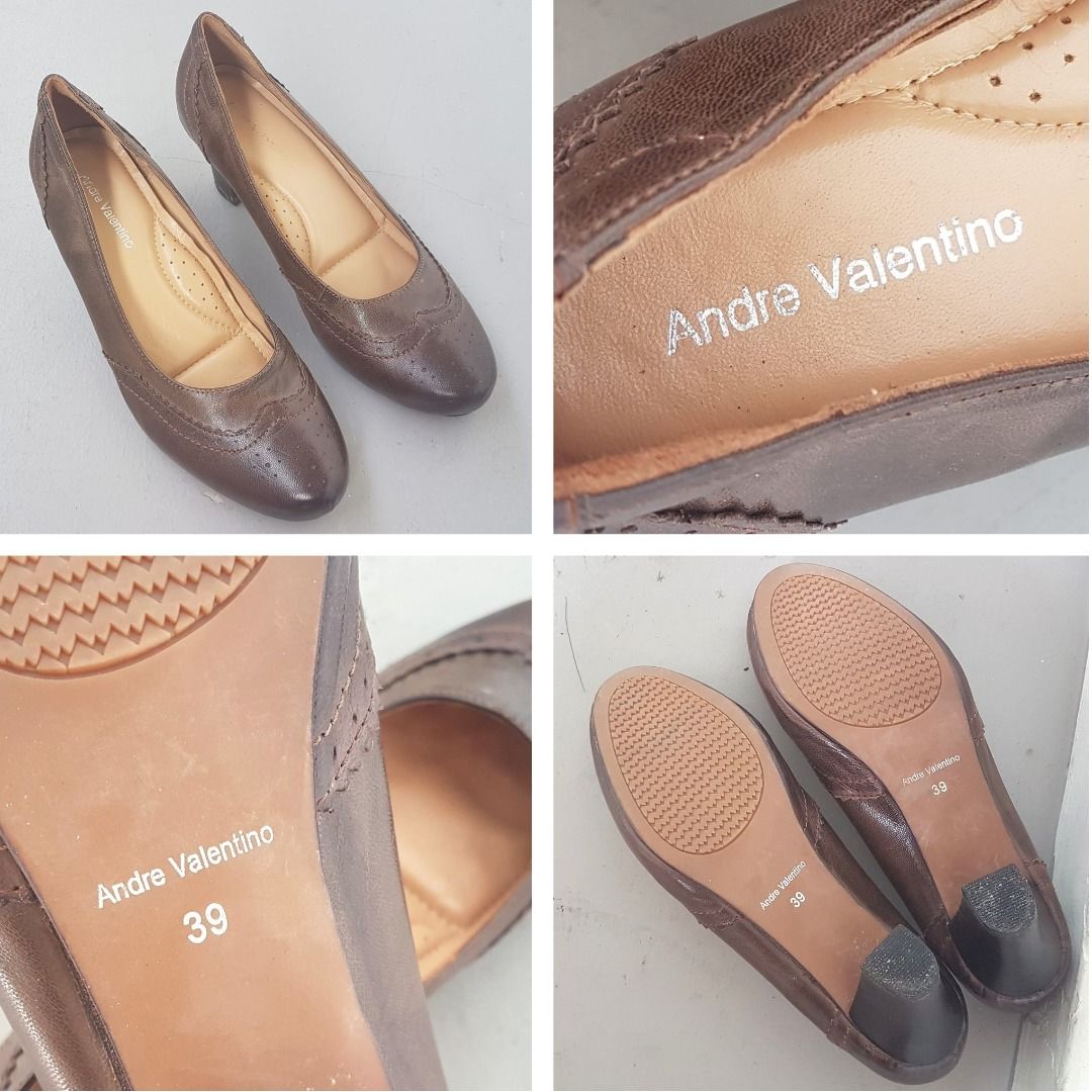 ANDRE VALENTINO Work Shoes Size 39 Valentino Designer Wear 2.2 inches heels Brown Leather Chic Pumps Model Brogue Pattern ITALY Timeless