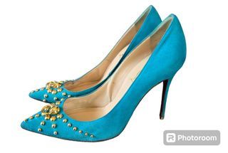 Auth Christian Louboutin Teal Suede Herls Size 35.5