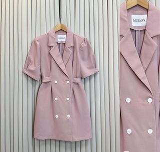 Blush Pink Korean Suit Dress Double Breasted Coat Blazer