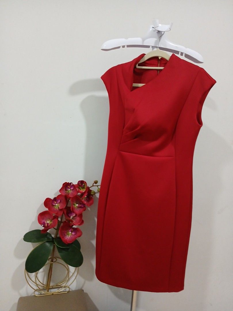 calvin klein red scuba dress Calvin Klein Dress Womens 10 Red Sheath Cold Shoulder Scuba NWT