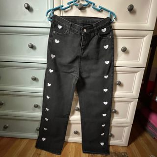 Embroidered Heart Black Straight High - Waisted Denim Jeans