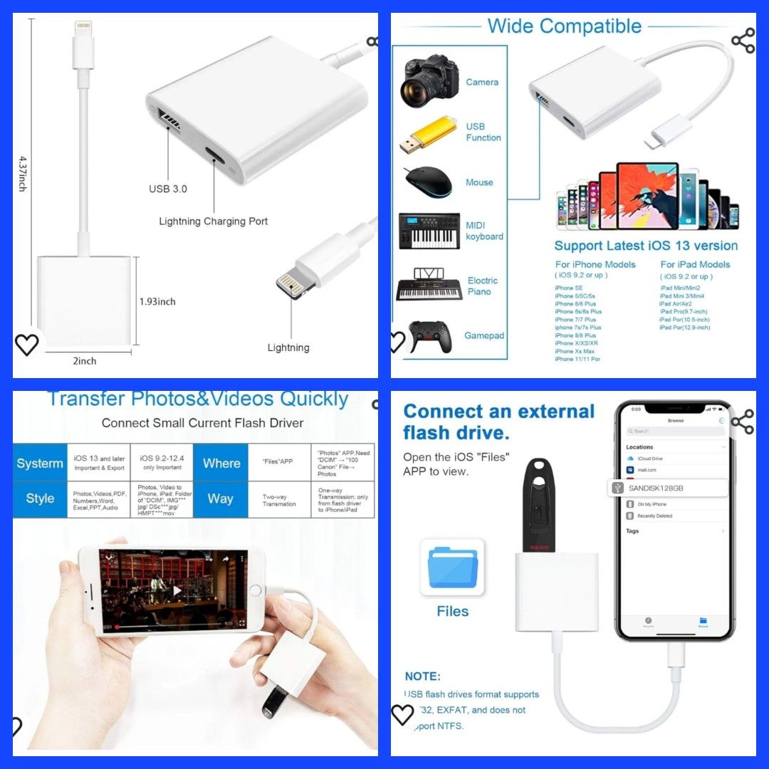 Lightning to USB3 Camera Adapter with Charging Port, Lightning Female