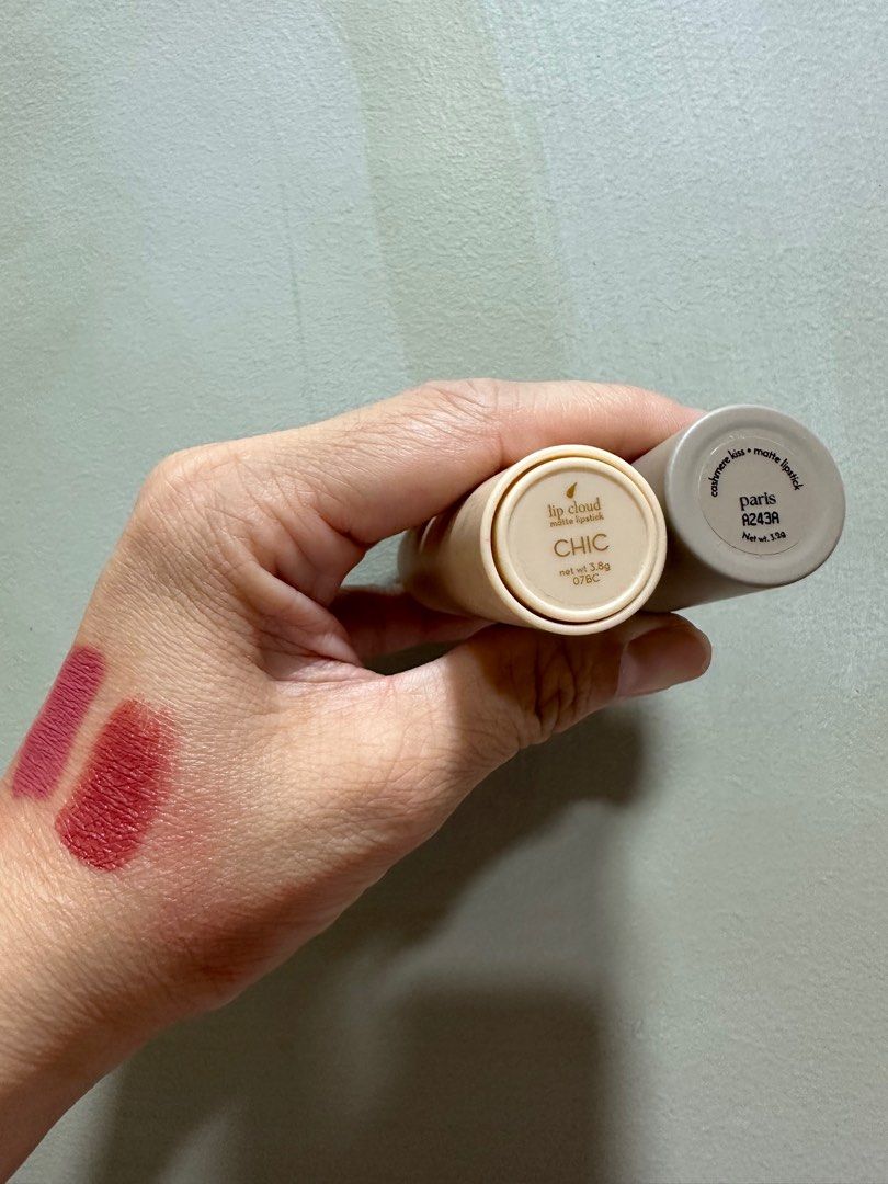 Matte Lippie (Category: Makeup) located in Quezon City. Submitted by adorb_lou (Listing ID 1303168349, Image 3). Description: Used once & Swatched only. Not my shade. Happy skin lip cloud in Chic. Absidy cashmere kiss in Paris. Both matte lipstick. Get it for a bundle of 2 for 600.00 Mop: gcash/Maya/bdo online transfer.