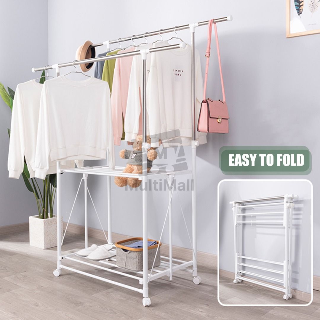 Multifunctional Drying Rack 1.5M 2 Poles NO INSTALLATION for Hanging and Drying Clothes Movable Multi functional Space Saving Laundry Drying Rack for Drying Towels Sheets Quilts Furniture Home Living ...