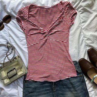 Pois Red Striped Sweetheart Neck Top