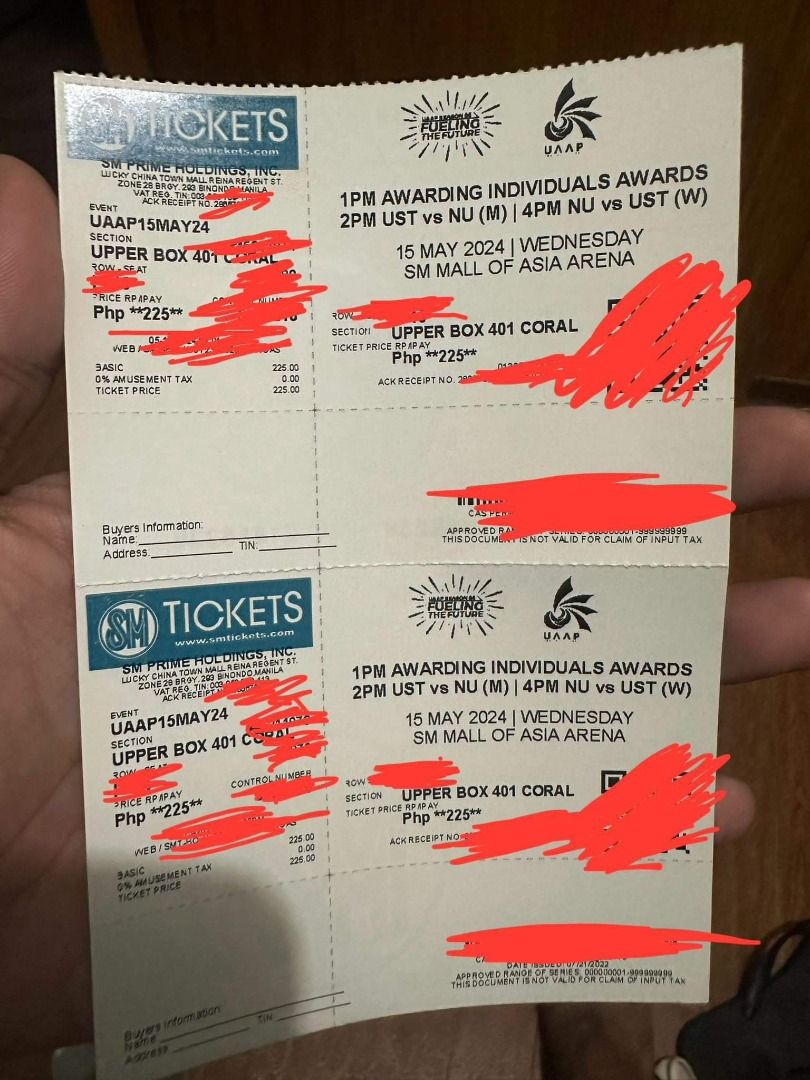 UAAP FINALS VOLLEYBALL - NU VS UST (Category: Events Tickets) located in Manila. Submitted by labronjames33 (Listing ID 1303221936, Image 1). Description: WTS/LFB/SELLING UAAP SEASON 86 VOLLEYBALL FINALS UST vs NU May 15, 2024 NU SIDE - UPPERBOX 401 2 ROW A - ADJACENT SEATS 4 ROW C - ADJACENT SEATS 2 ROW D - ADJACENT SEATS 4 ROW H - ADJACENT SEATS 4 ROW I - ADJACENT SEATS #UAAPVolleyball #USTvsNU #UAAPFinals #NUvsUST.