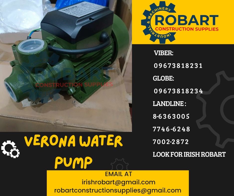 Verona water pump (Category: Construction Tools & Equipment) located in Manila. Submitted by irishrobart_22 (Listing ID 1303134211, Image 1). Description: Verona water pump 1/2 hp V-DB-60 SEND US MESSAGE FOR INQUIRIES ‼️‼️ LOOK FOR IRISH ROBART VBR : 0 9 6 7 3 8 1 8 2 3 1/ 0 9 6 7 3 8 1 8 2 3 4 LANDLINE 8-6 3 6 3 0 0 5 / 7 7 4 6 -6 2 4 / 7 0 0 2-2 8 7 2 GMAIL: I R I S H R O B A R T @ G M A I L . C O M Office Address: 1405 Yuseco St. Sta Cruz Mani