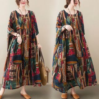 Vintage Kaftan Maxi Dress Summer Retro Plus Size Women's Round Neck Short Sleeve Print Big Swing Loose Long Skirt Cotton Robe