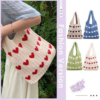 Women Knit Love Tote Bag Color Blocking Lightweight Handbag Large Capacity Shoulder Bag Female Armpit Hobo Bag Shopping Bag