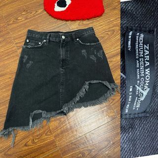 Zara Y2K denim distressed asymmetrical destroyed skirt