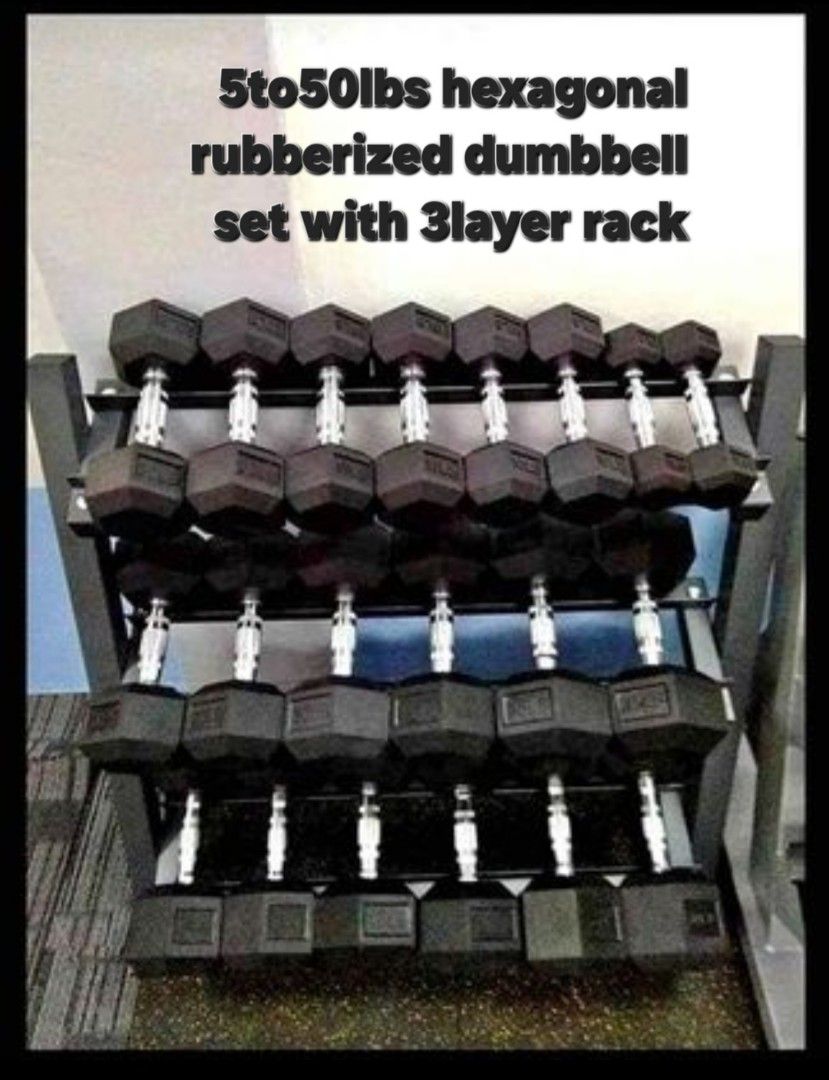 5to50lbs hexagonal rubberized dumbbell set with 3 layer rack (Category: Weights & Dumbbells) located in Valenzuela. Submitted by carlo_023 (Listing ID 1303359226, Image 1). Description: .