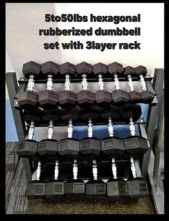 5to50lbs hexagonal rubberized dumbbell set with 3 layer rack