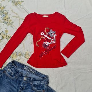 90s y2k red soft grunge sequin graphic longsleeve top