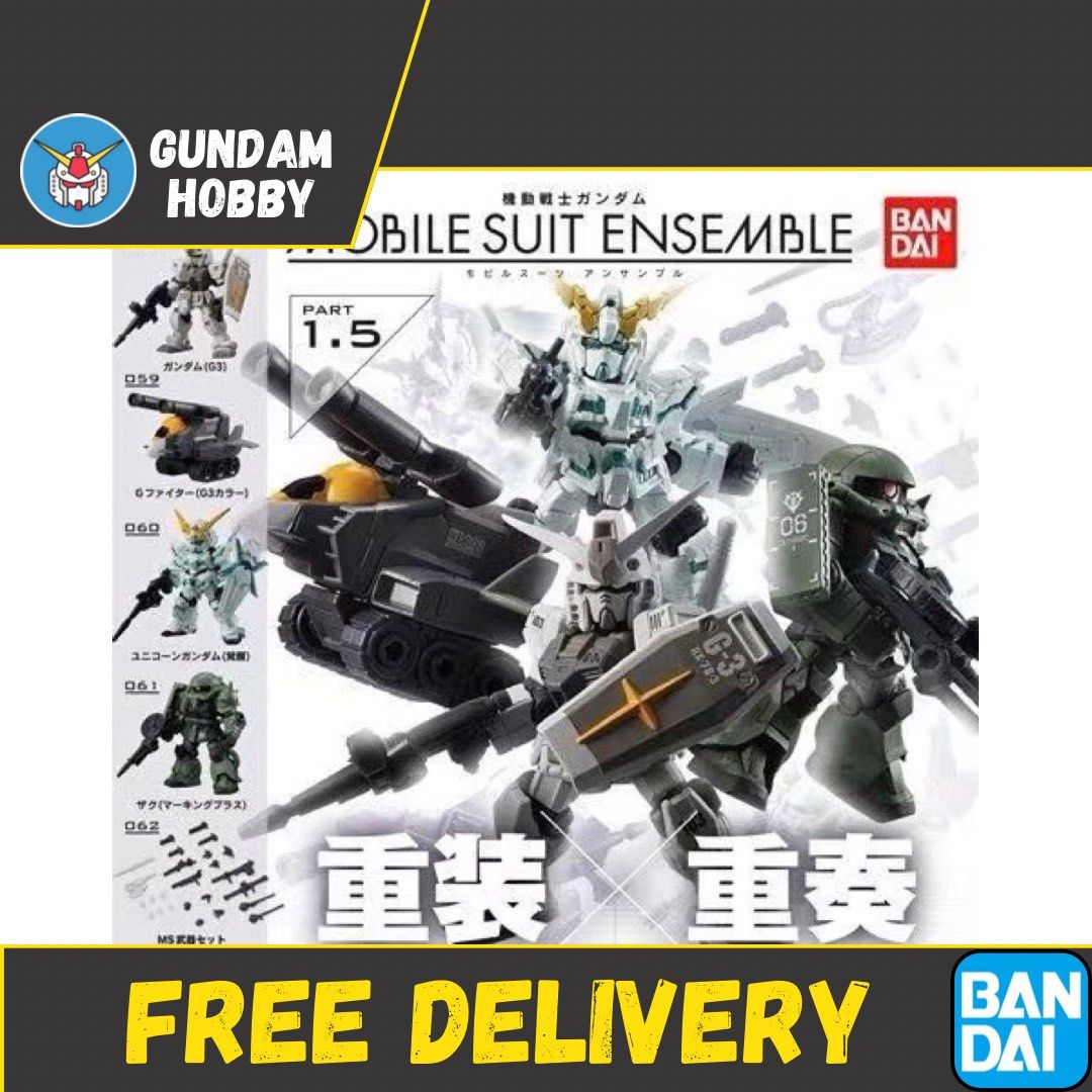 ⭐️ <MSE 1.5> Mobile Suit Ensemble Series 1.5 Part 1.5 - Gundam RX-78-3 / G-Fighter / Gundam Unicorn / Zaku Green (Set of 5) MSE1.5 Bandai Gachapon (Category: Designer & Blind Box Toys) located in Singapore. Submitted by gundamhobby (Listing ID 1233444182, Image 1). Description: Mobile Suit Ensemble Series 1.5 (Set of 5) • 058 : RX-78-3 G-3 Gundam • 059 : G-Fighter (G-3 Color Ver.) • 060 : RX-0 Unicorn Gundam • 061 : Zaku II Green • 062 : Equipmen
