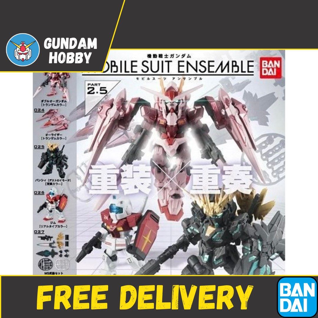 ⭐️ <MSE 2.5> Mobile Suit Ensemble Series 2.5 Part 2.5 - Gundam 00 / Gundam Banshee / RGM-79 (Set of 5) MSE2.5 Bandai Gachapon (Category: Gundam Model Kits) located in Singapore. Submitted by gundamhobby (Listing ID 1233442213, Image 1). Description: Mobile Suit Ensemble Series 2.5 (Set of 5) • 023 : 00 Gundam (Trans-Am) • 024 : GNR-010 0 Raiser (Trans-Am) • 025 : RX-0 Unicorn Gundam Banshee • 026 : RGM-79 GM • 027 : Equipment Set for Wave 2.5 ✅ O