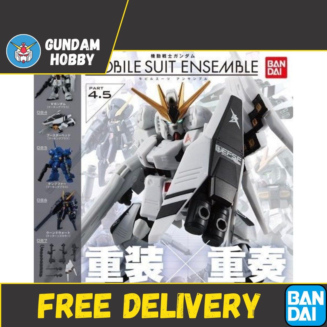 ⭐️ <MSE 4.5> Mobile Suit Ensemble Series 4.5 Part 4.5 - Nu Gundam / Kampfer / Woundwort (Set of 5) MSE4.5 Bandai Gachapon (Category: Gundam Model Kits) located in Singapore. Submitted by gundamhobby (Listing ID 1233437086, Image 1). Description: Mobile Suit Ensemble Series 4.5 (Set of 5) • 083 : RX-93 Nu Gundam • 084 : Nu Gundam Heavy Weapon System • 085 : MS-18E Kämpfer • 086 : RX-124 Gundam TR-6 Woundwort (Titans Colour) • 087 : Equipment Set f