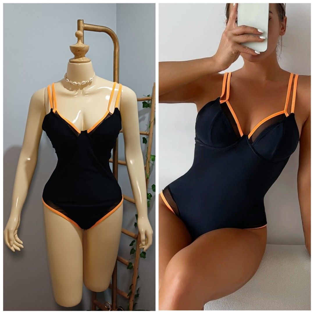 Black One Piece Swimsuit Underwire with pads Large 1pc Black with Orange Contrast binding Classic 1pc Women s Fashion Swimwear Bikinis Swimsuits on Carousell