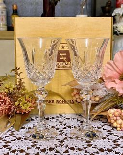 BOHEMIA Glasswork Hand Cut Crystal Wine or Champagne Glass Made in Czech Slovakia With Wooden Box