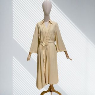 CL252 - Rose Ling Ling Yellow-ish/Orange-ish Beige Robe Illusion Semi-sheer Asymmetrical Skirt Pleated Dress with Side Pockets - Selling Low