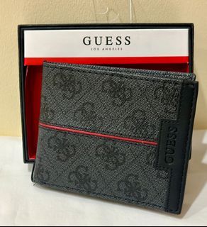 GUESS CHARCOAL BLACK / RED BILLFOLD BIFOLD LEATHER & VALET WALLET $48 SALE
