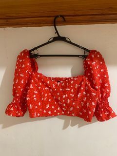 h&m red puff sleeve crop top blouse