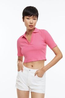 H&M Ribbed Pink Collared Cropped Top