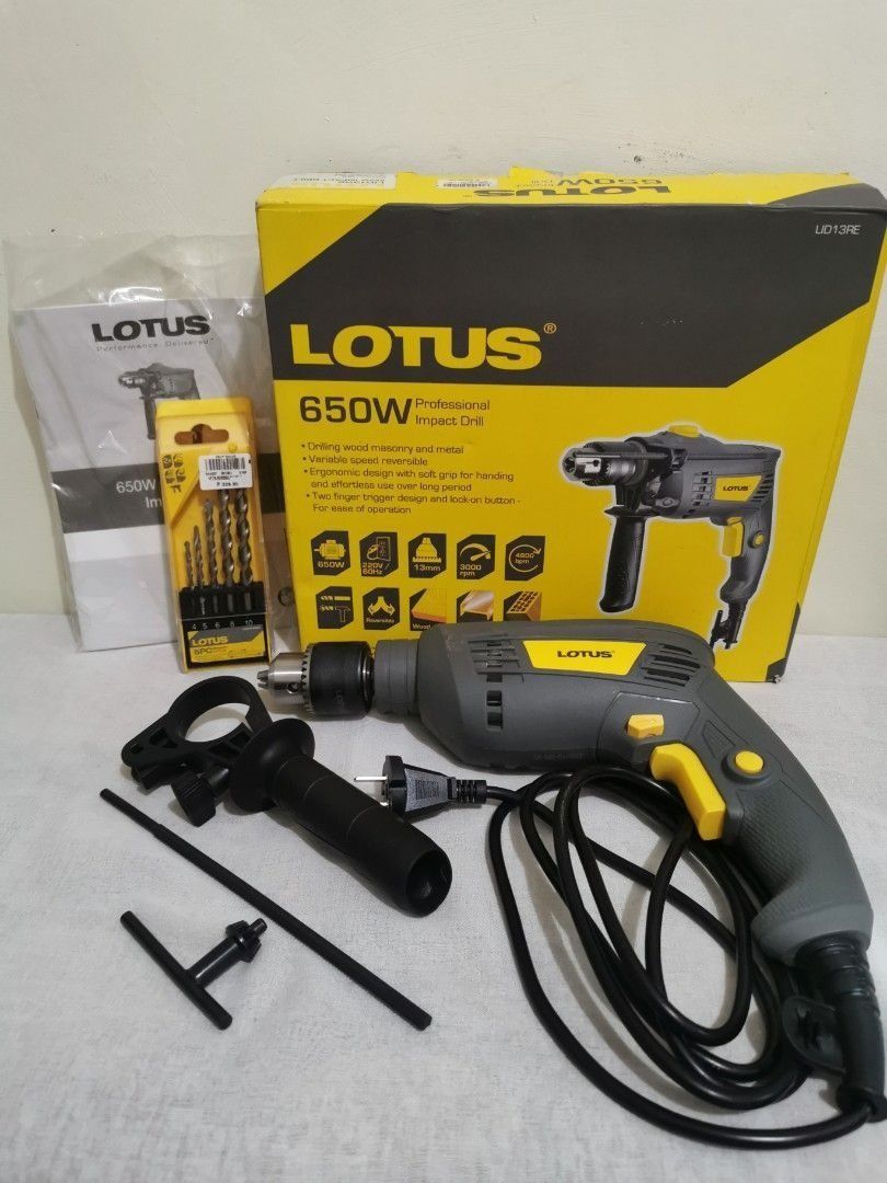 Lotus Impact Drill with Bits (Category: Construction Tools & Equipment) located in Pasig City. Submitted by yuminomise (Listing ID 1303320611, Image 1). Description: Ugaliing magbasa muna bago magtanong Loc: Pasig, NCR MOD: LBC(COP), Flash Express, Lalamove, Grab ONLY MOP: GCash No COD, No Shpee Checkout, No Meet-ups, No House pickup Autoblock joy buyers and I do not hesitate reporting trippers or dubious accounts Check my profile for proofs of l