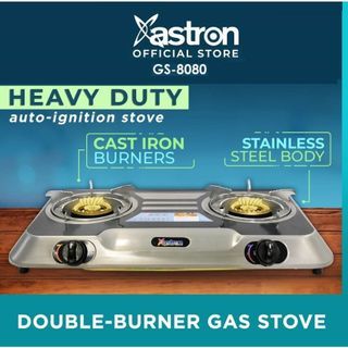 MK ASTRON GS-8080 Double Burner Gas Stove Stainless Steel Body with Cast Iron Burners