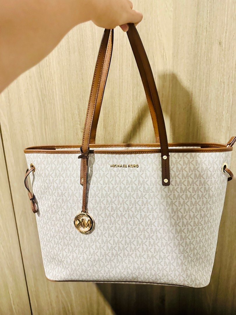 Michael Kors Tote Bag White and Brown Luxury Bags Wallets on Carousell