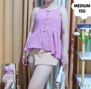 Pink buttoned plain cute sleeveless casual top blouse for women