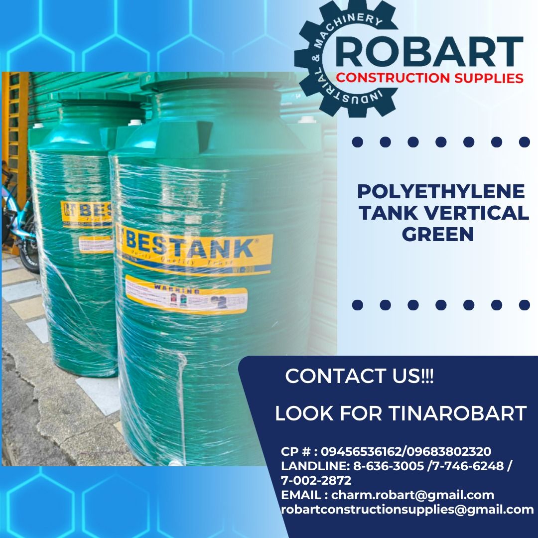 Polyethylene Tank vertical Green (Category: Construction & Building Materials) located in Manila. Submitted by tina.sales (Listing ID 1303329628, Image 1). Description: Polyethylene Tank vertical model: WT300 color: Green ₱8,100 SEND US MESSAGE FOR INQUIRIES ‼️‼️ ~~TINA ROBART~~ 0 9 4 5 6 5 3 6 1 6 2 0 9 6 8 3 8 0 2 3 2 0 LANDLINE: 8 6 3 6 3 0 0 5 / 7 7 4 6 6 2 4 8 / 7 0 0 2 2 8 7 2 EMAIL : c h a r m.r o b ar t @ g m a i l.c o m r o b a r t c o n