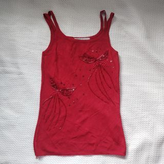 red beaded knit top